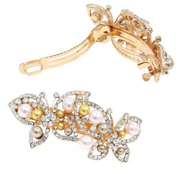 Butterfly Rhinestone & Glass Pearl Barrette Mini Clip Hairpins 4pc Set Champagne